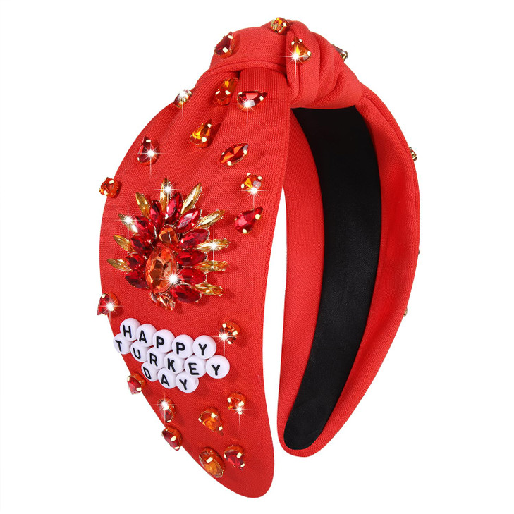 Thanksgiving Fall Headbands for Women Maple Leaf Pumpkin Turkey Hairband Crystal Rhinestone Knotted Headband Embellished Jeweled Wide Top Knot Headba