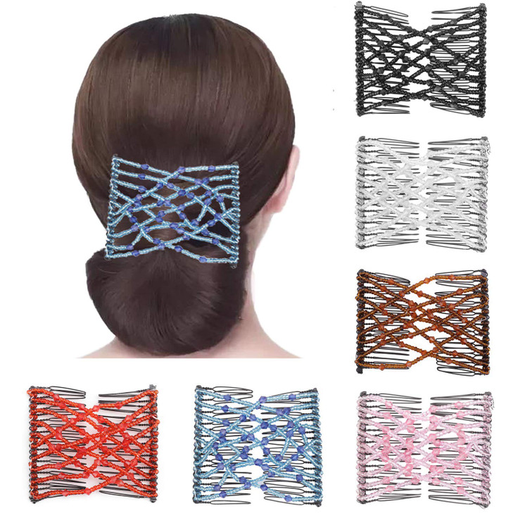 Hanhan 6 Pieces Magic Combs Stretch Flower Beaded Hair Combs Elastic Bowknot Hair Clips Stretchy Hair Hairpins for Women