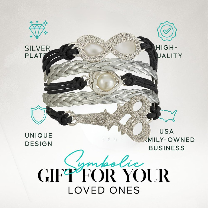 Hair Stylist Bracelet Black and Silver Braided Wrap Bracelet with Rhinestone Infinity Pearl Heart Scissor Charms Jewelry
