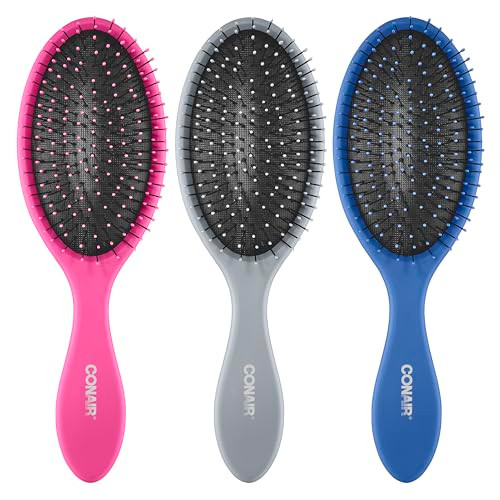 Conair Detangling Hair Brush Set 3 Pack For Wet Dry and All Hair Types Detangling Brushes for Women in Blue Pink and Gra