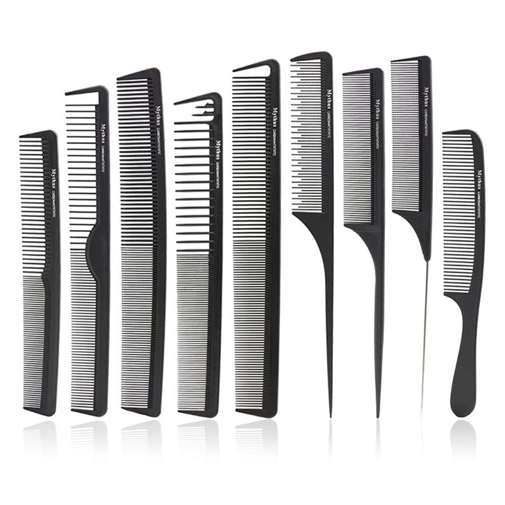 CestoMen 9pcs Carbon Fiber Cutting Comb Hair Comb Set for Teasing and Parting Professional Combs for Hair Stylist for Wo