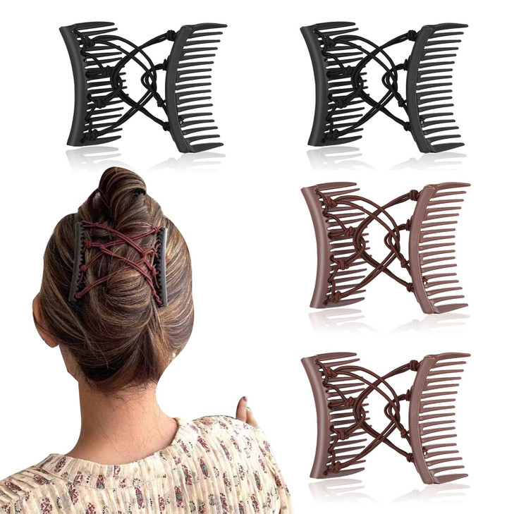 4 Pieces Stretchy Double Hair Clips Adjustable Elastic Combs for Thick Curly Hair Majic Hair Accessories Coffee and Blac