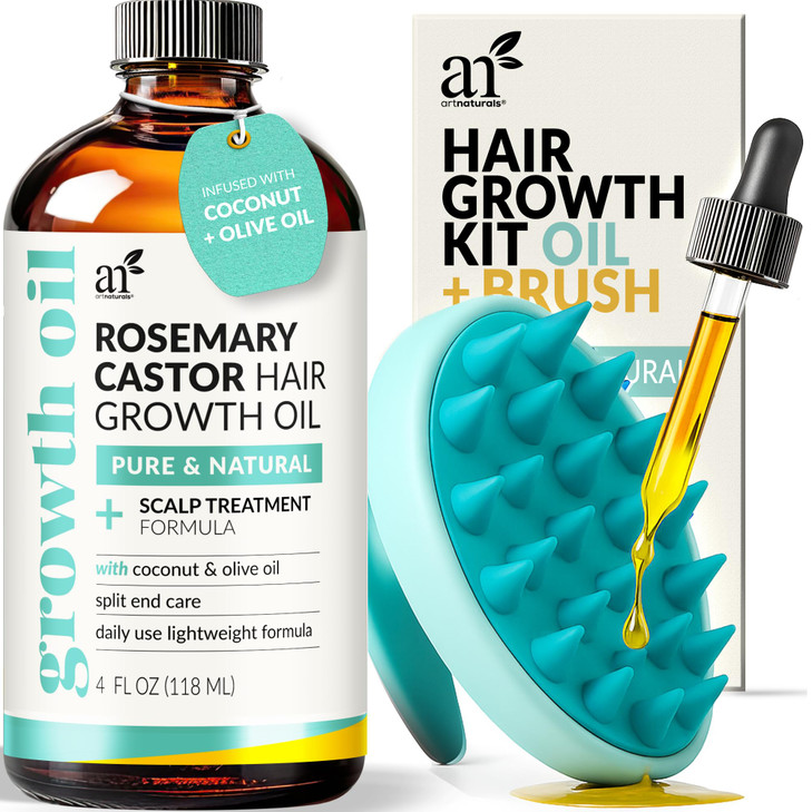 Artnaturals Organic Rosemary Castor Hair Oil Massager Hair Growth Set Hair Growth Oil 4 ounces with Coconut Olive Oil fo