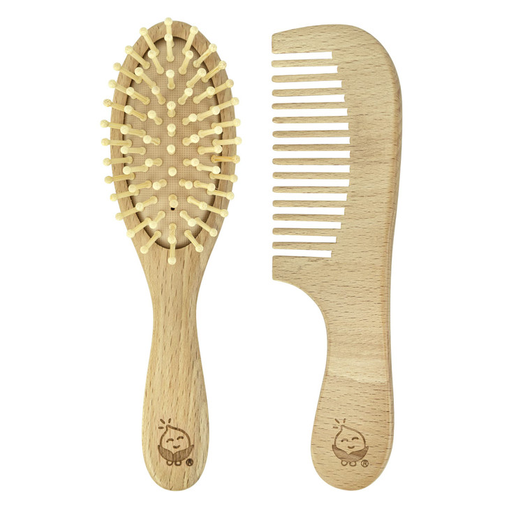 Green Sprouts Learning Brush Comb Set Super Soft Learning Brush Grooms Thick or Curly Hair Natural Wood and Bamboo Brist