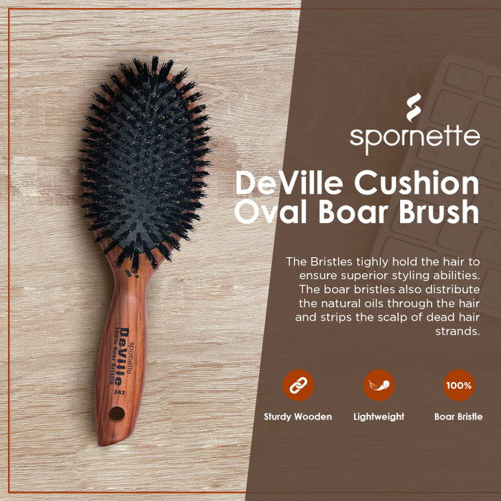 Spornette Deville Boar Bristle Wooden Paddle Hair Brush for Women Cushion Oval Hair Straightening Brush for Blow Drying