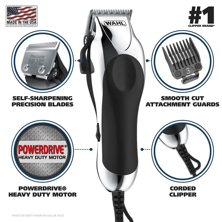 Wahl USA Chrome Pro Corded Clipper Complete Haircutting Kit for Men Powerful Total Hair Clipping Beard Trimming Grooming
