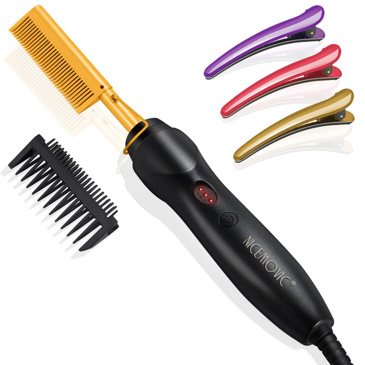 NICEMOVIC Ceramic Heating Hair Straightener Comb Hot Pressing Brush for Natural Black Hair Beard Wigs and Curling Gold