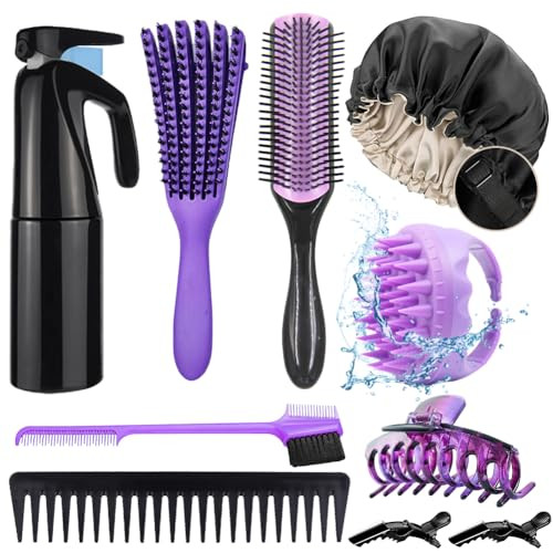 10Pcs Natural Hair Detangling Brush Set with Sleep Bonnet for Curly Afro African Black 3a to 4c Hair Faster Detangling o