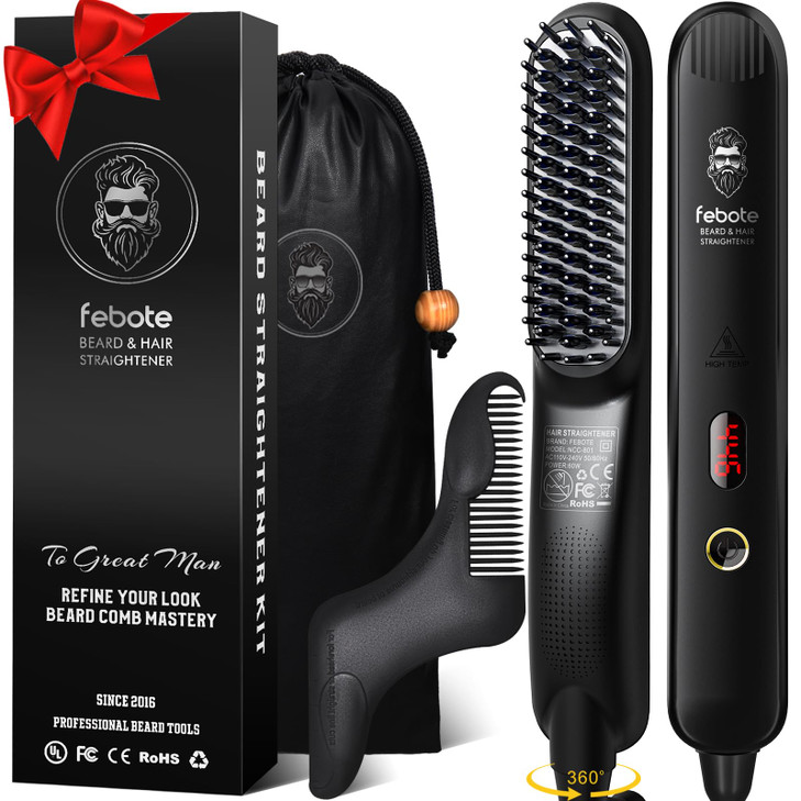 FEBOTE Heated Ionic Hair Straightening Brush for Men 5 Temperature Settings AntiScald Beard Shaper Travel Bag