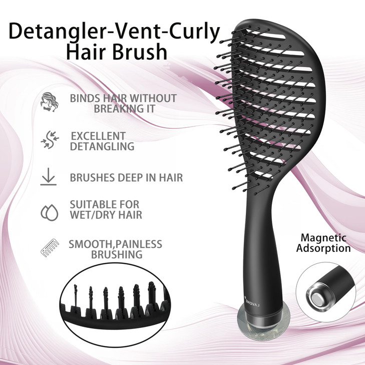 Curved Vented Hairbrush Faster Blow Drying Detangling Brush with Built in Cleaner Magnetic Holder and Hair Clips for Wom