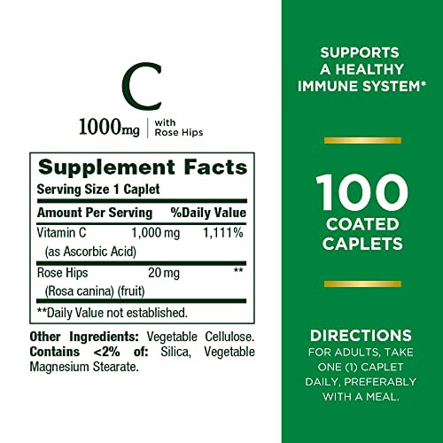 Natures Bounty Vitamin C + Rose HIPS, Immune Support, 1000mg Vitamin C, Coated Caplets, 1 Serving per Day, Vegetarian Caplets, 100 Ct online at globaldelivered