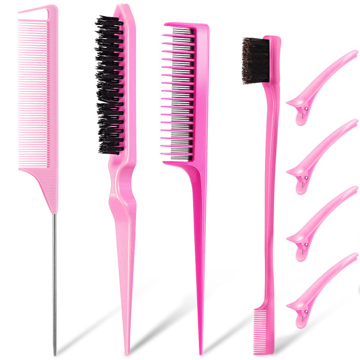 8 Pcs Styling Hair Comb Brush Set with Teasing Edge Brush Parting Rat Tail Comb Hairclip for Women Slicking Ponytail and