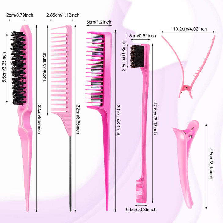 8 Pcs Styling Hair Comb Brush Set with Teasing Edge Brush Parting Rat Tail Comb Hairclip for Women Slicking Ponytail and