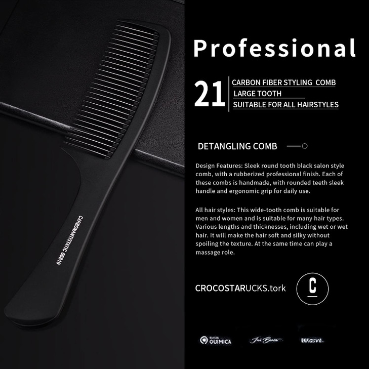 Large Detangling Comb With Professional Handle Carbon Fiber Cutting Hairdressing Styling Round Tooth Barber Travel Hair