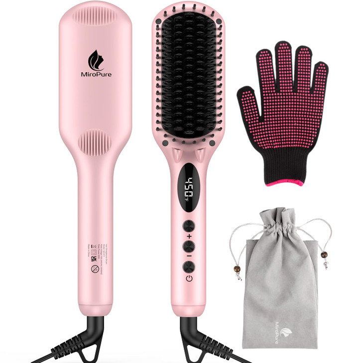 Enhanced Hair Straightener Heat Brush by MiroPure 2in1 Ceramic Ionic Straightening Brush Hot Comb with AntiScald Feature