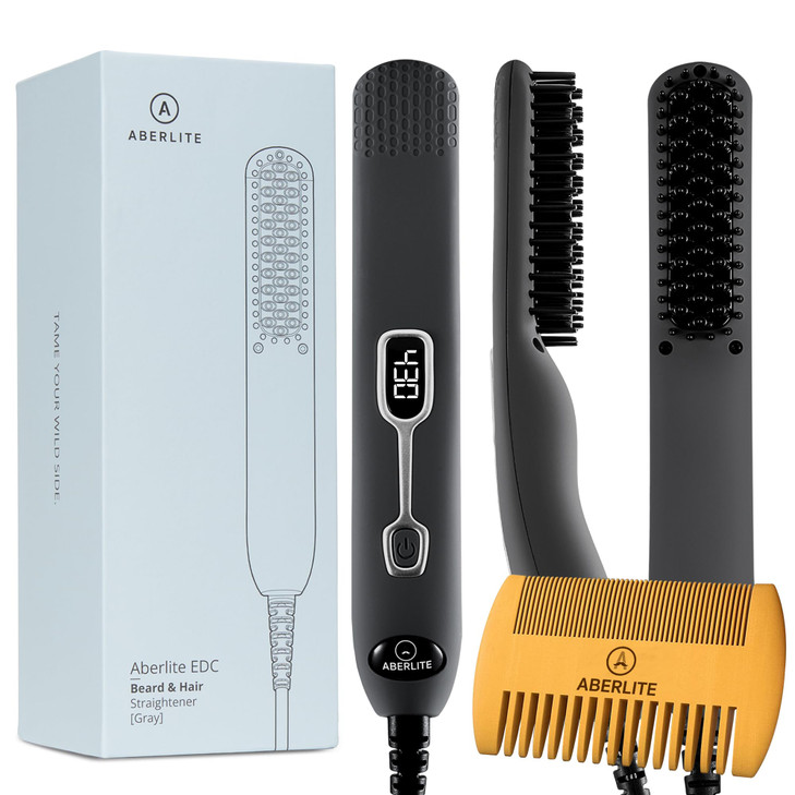 Aberlite EDC Premium Beard Straightener Brush Professional Heated Straightening Comb and Grooming Kit for Men Gray