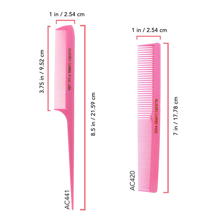 Allegro Combs Rubber Hair Styling Combs Set for Men Women Kids Includes Rat Tail Comb and Barber Comb Fresh Pink 2 Count