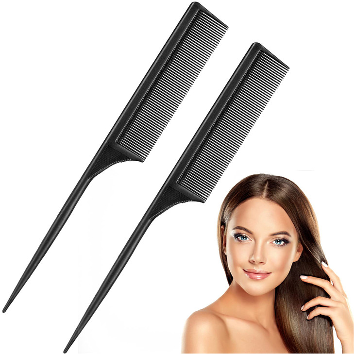 Leinuosen 2 Pack 9 Inch Rat Tail Comb for Women Fine Tooth Parting Comb Carbon Fiber Heat Resistant Teasing with Plastic