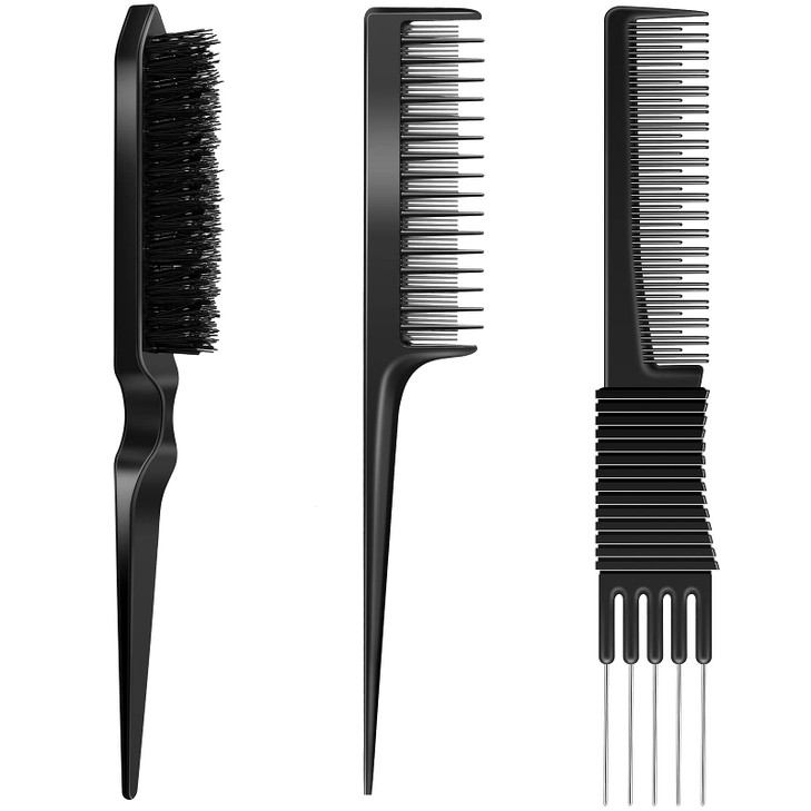 3 Pieces Pick Teasing Combs Hair Brush Set Includes Black Carbon Lift with Metal Prong Triple Pin Rat Tail Comb Nylon Br
