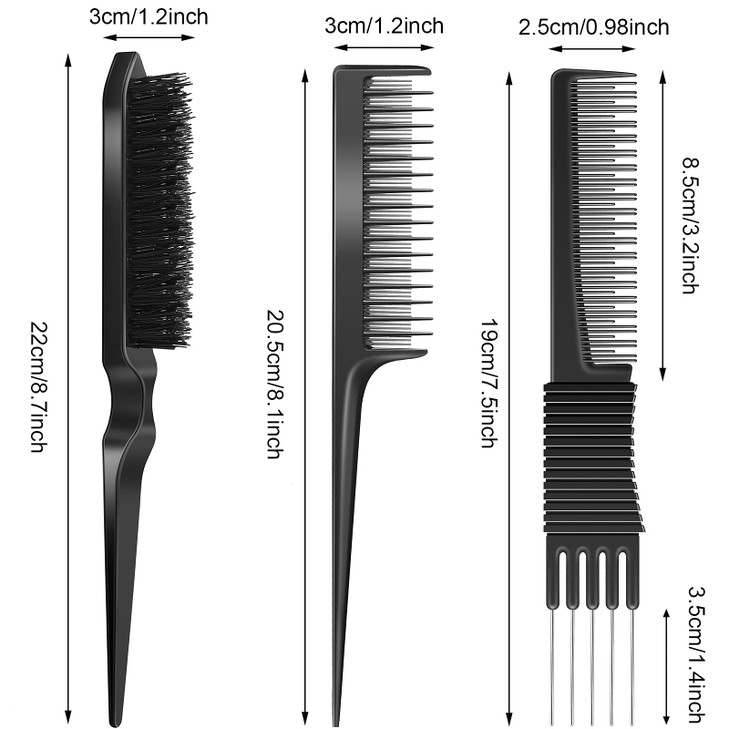 3 Pieces Pick Teasing Combs Hair Brush Set Includes Black Carbon Lift with Metal Prong Triple Pin Rat Tail Comb Nylon Br