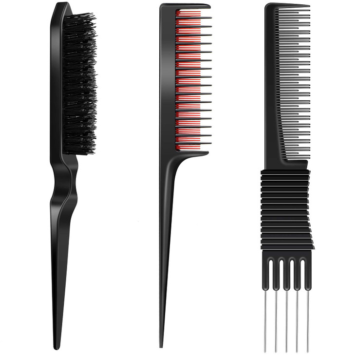 3 Pieces Pick Teasing Combs Hair Brush Set Includes Black Carbon Lift with Metal Prong Triple Pin Rat Tail Comb Nylon Br