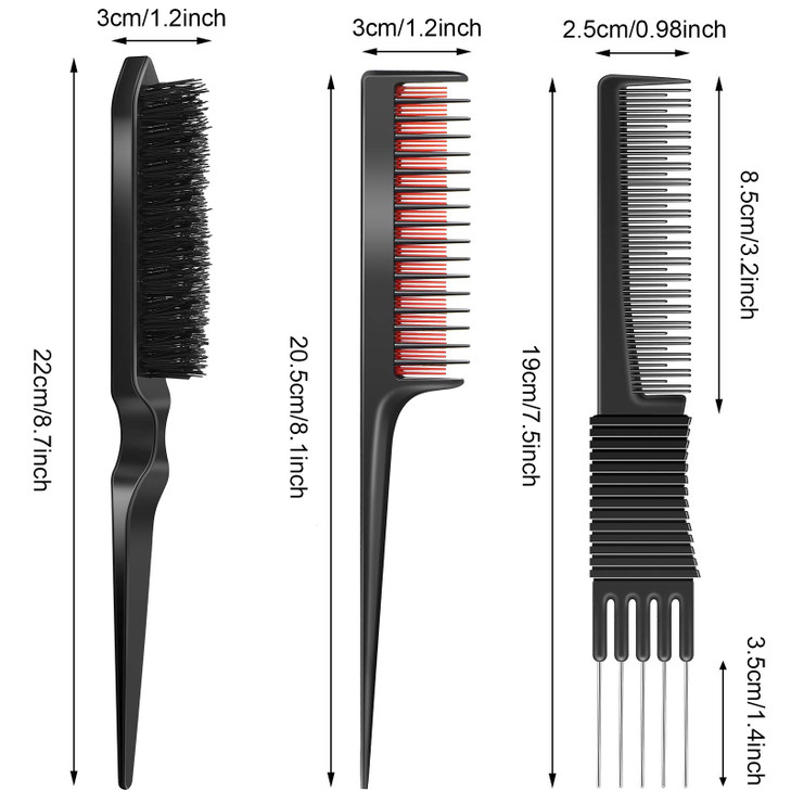 3 Pieces Pick Teasing Combs Hair Brush Set Includes Black Carbon Lift with Metal Prong Triple Pin Rat Tail Comb Nylon Br