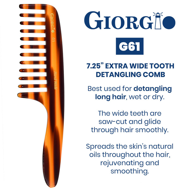 Giorgio G61 Extra Wide Tooth Detangler Comb Large Teeth for Long Thick Wavy or Curly Hair Handmade SawCut and Hand Polis