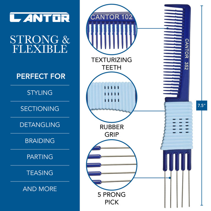 Lift Teasing Comb and Hair Pick Stainless Steel Detangler Gripper Anti Static Comb for All Hair Types By Cantor