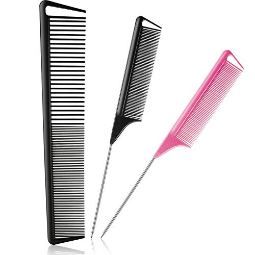 Patelai 3 Pcs Rat Tail Parting Comb for Braids Carbon Fiber Stainless Steel Pintail Teasing Combs Heat Resistant with Wi