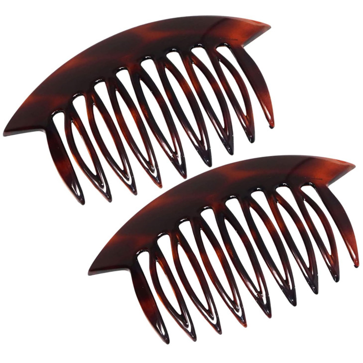 Parcelona French Wide Edge Tortoise Shell Brown Large 4 Celluloid Set of 2 Strong Grip Side Hair Combs for Women and Gir