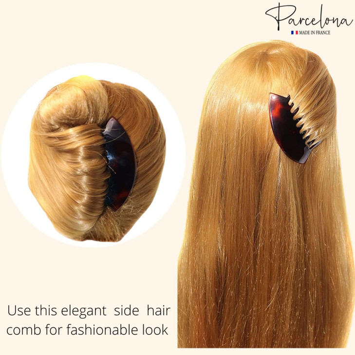 Parcelona French Wide Edge Tortoise Shell Brown Large 4 Celluloid Set of 2 Strong Grip Side Hair Combs for Women and Gir