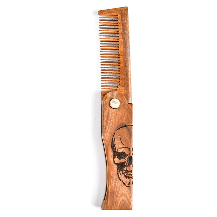 Menesia Mens Pocket Folding Wooden Beard Comb with Leather Travel CaseGreen Sandalwood Hair Combs Set for Men Skeleton