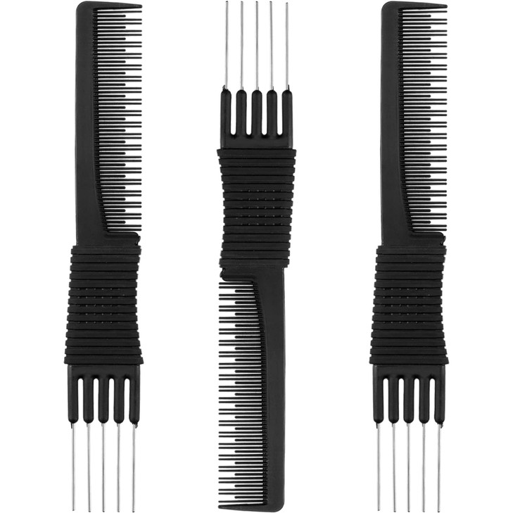 Leinuosen 3 Pack Carbon Lift Teasing Combs with Metal Prong Hair Pick Comb for Women Hair StylingBlack