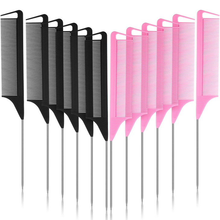 Patelai 12 Pcs Rat Tail Comb for Parting Braiding Hair Carbon Fiber Heat Resistant Teasing Comb Stainless Steel Pintail