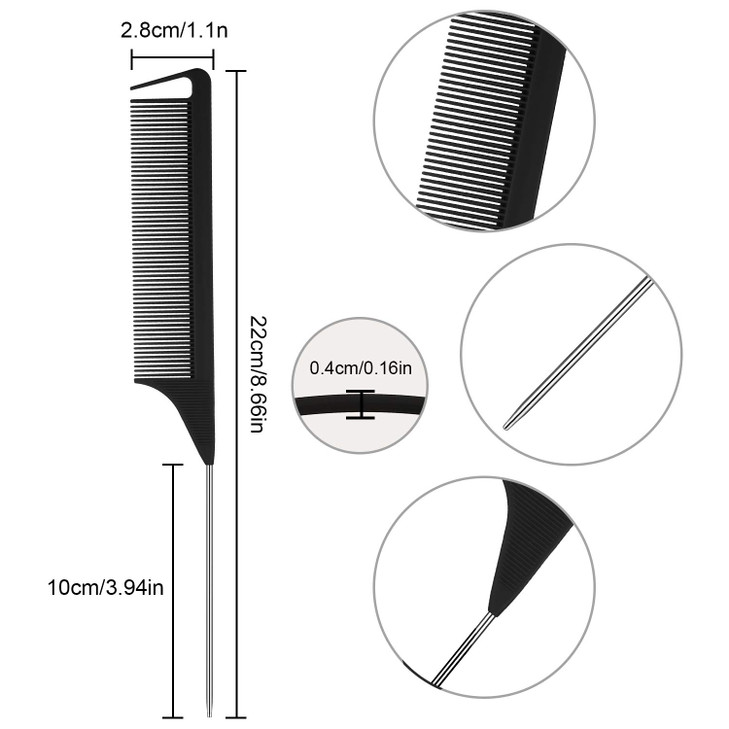 Patelai 12 Pcs Rat Tail Comb for Parting Braiding Hair Carbon Fiber Heat Resistant Teasing Comb Stainless Steel Pintail