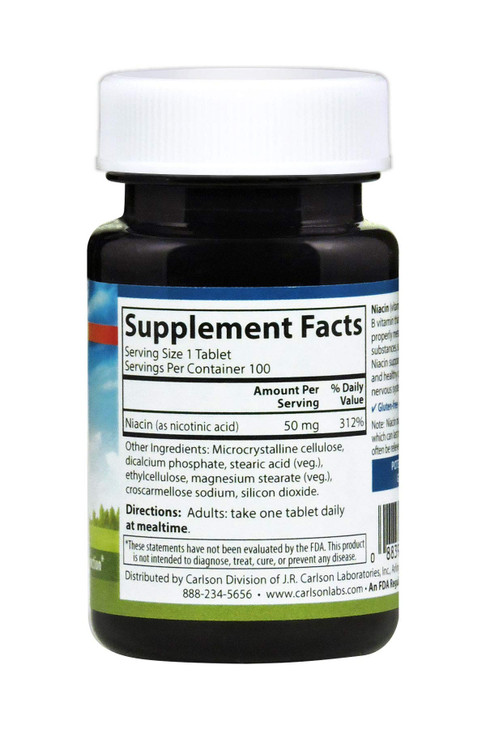Carlson - Niacin, 50 mg, Supports Cholesterol Metabolism, Energy Production, Heart Health, Nerve Function, 100 Tablets online at globaldelivered