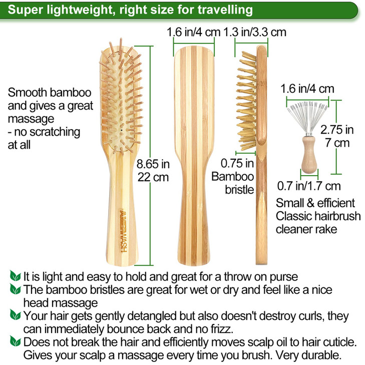 Bamboo Hair Brush with Cleaning Tool Set For Women Men Bamboo Bristle Wood Paddle Detangling Brush Helps Hair Growth Enh