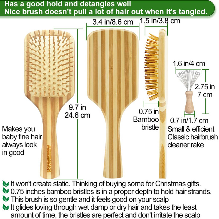 Bamboo Hair Brush with Cleaner Tool Large Paddle Wooden Detangling Brush Perfect for Women Men Thick Curly Hair Bamboo B