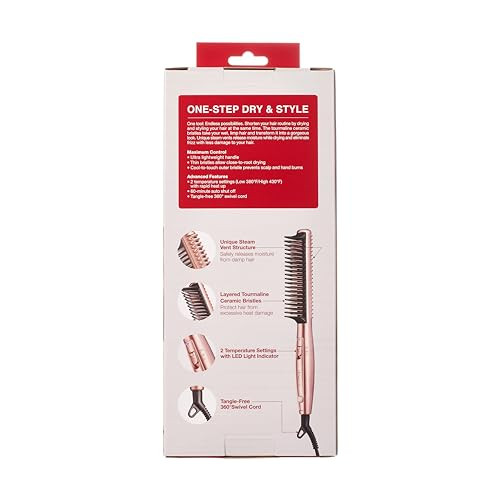 KISS Dry and Style Heat Brush Wet to Dry Detangling and Volumizing Hot Comb Tourmaline Ceramic Bristles 2 Temperature Se