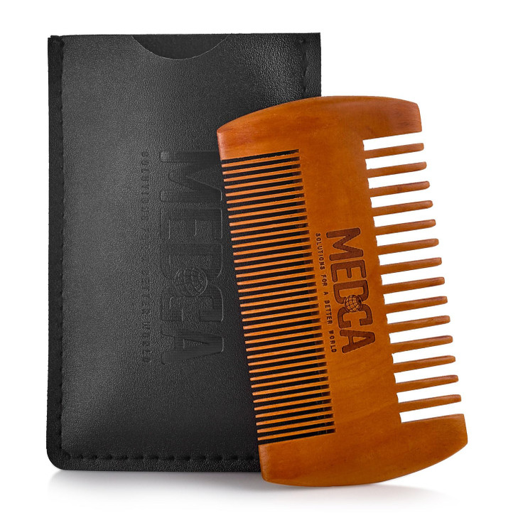 Wooden Beard Comb With Leather Case Handcrafted Solid Beechwood Beard Mustache and Head Hair Pocket Combs for Men Dual A