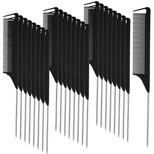 Patelai 30 Pcs Rat Tail Combs Bulk Steel Pin Rat Tail Carbon Fiber Heat Resistant Teasing Combs Fine Tooth Pintail Braid