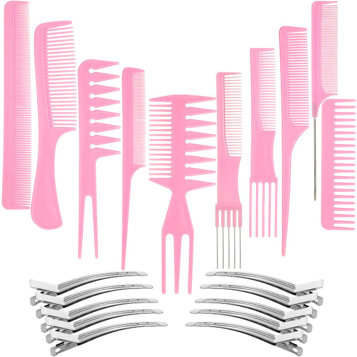 10 Hair Styling Comb Set with Duck Bill Clips Antistatic Combs and Metal Clips for Salon and Barber Use Pink