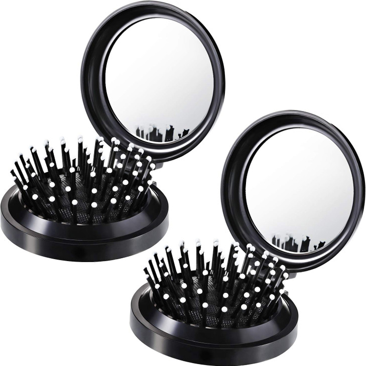 Boao 2 Pack Foldable Travel Mirror Hair Brushes Round Portable Folding Pocket Hair Brush Mini Comb Compact Travel Size M