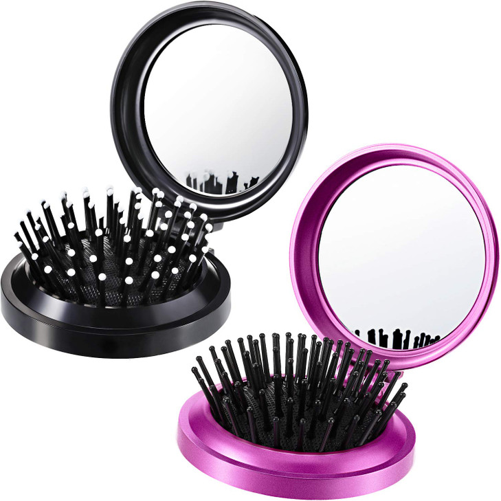 Boao 2 Pack Foldable Travel Mirror Hair Brushes Round Portable Folding Pocket Hair Brush Mini Comb Compact Travel Size M