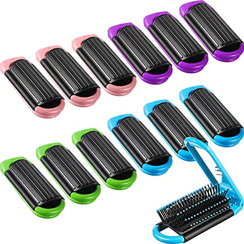 Queekay 12 Pcs Travel Hair Brush for Women Men Colorful Portable Folding Hair Brush with Mirror Mini Compact Pocket Comb