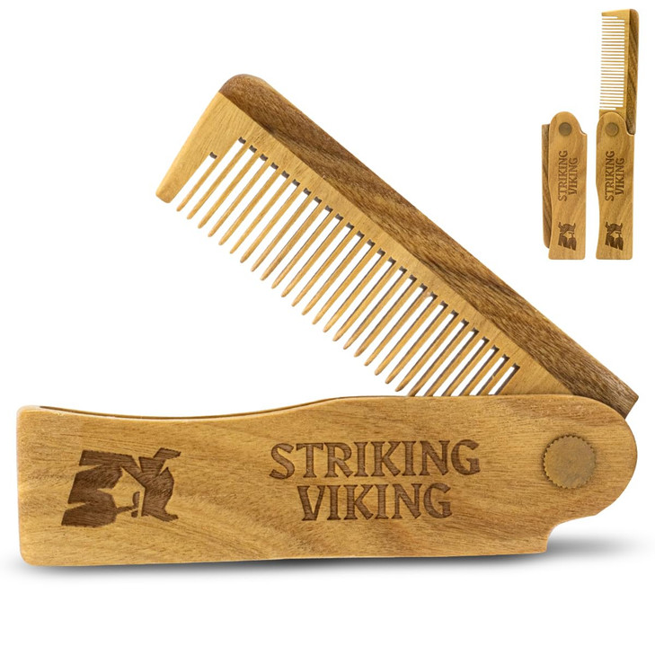 Striking Viking Folding Wooden Comb for Men Sandalwood Switchblade Beard Comb for Grooming and Styling Use Dry or With O