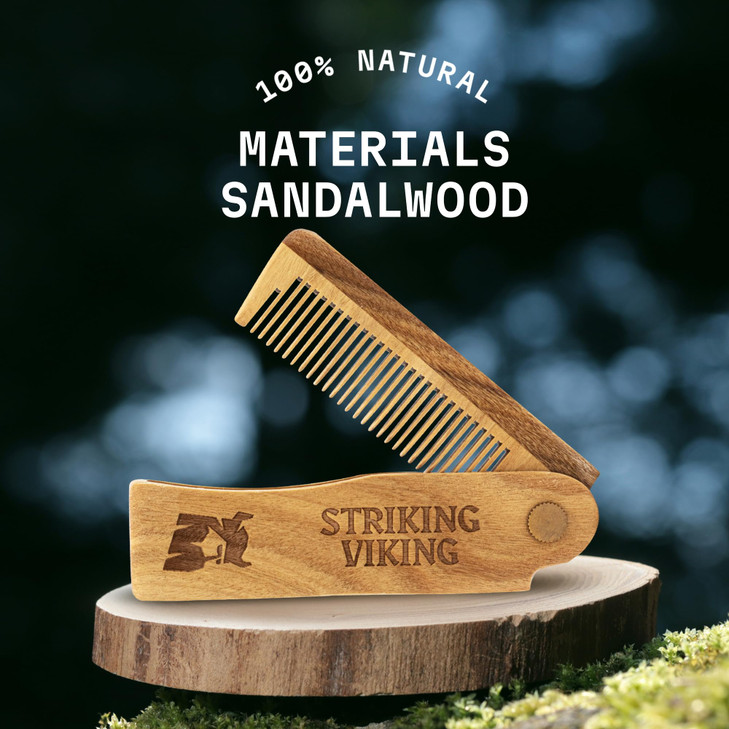 Striking Viking Folding Wooden Comb for Men Sandalwood Switchblade Beard Comb for Grooming and Styling Use Dry or With O