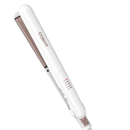 Conair Double Ceramic Flat Iron 1Inch Flat Iron Hair Straightener Five Heat Settings Extra Long Floating Plates White