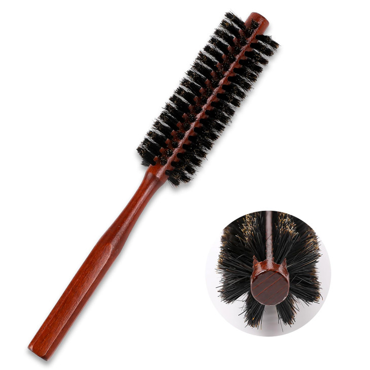 Small Boar Bristle Hair Brush Portable Round Natural Bristle Travel Brush with Wood Handle for Thin or Short Hair Adding