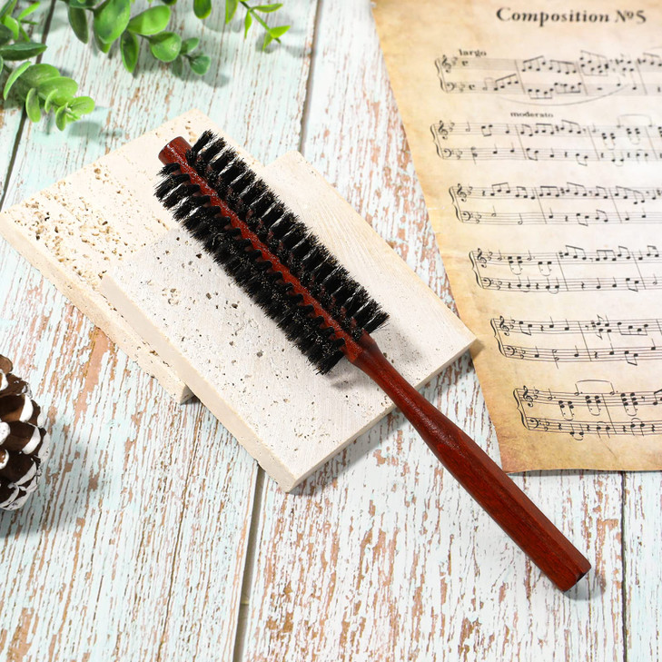Small Boar Bristle Hair Brush Portable Round Natural Bristle Travel Brush with Wood Handle for Thin or Short Hair Adding